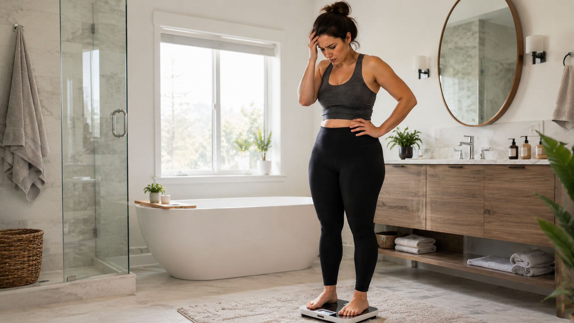 Woman frustrated by stubborn weight loss while standing on scale