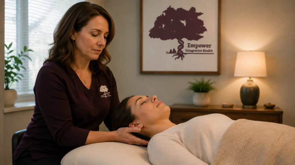 A female holistic therapist gently cradling a relaxed patient's head during a treatment session in a cozy room.