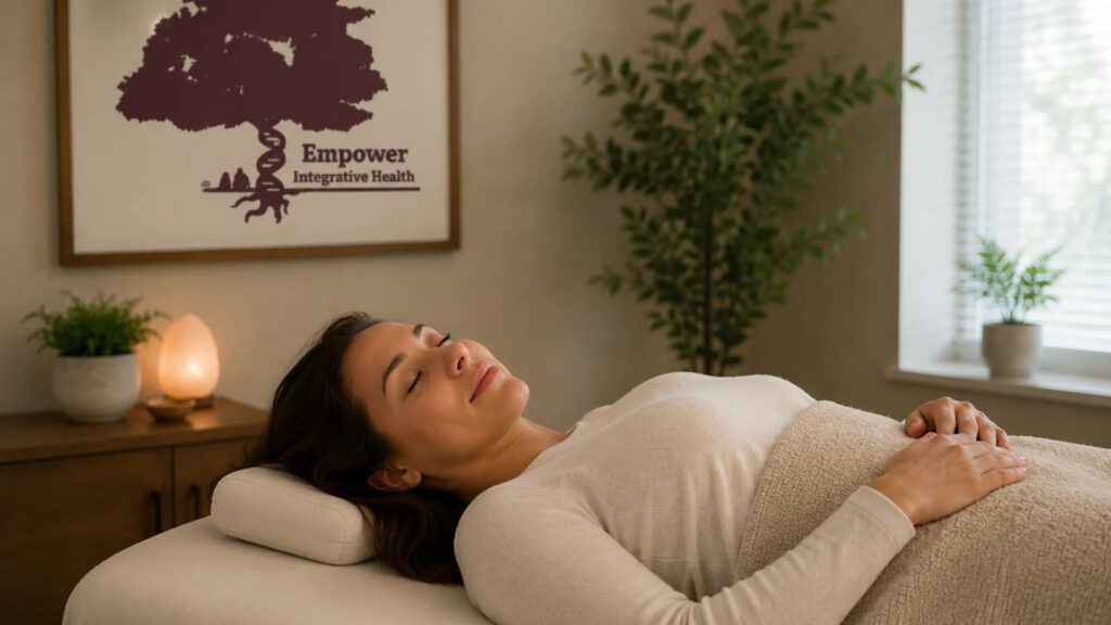 A woman lying comfortably with eyes closed on a wellness clinic bed next to a glowing salt lamp and green plants.