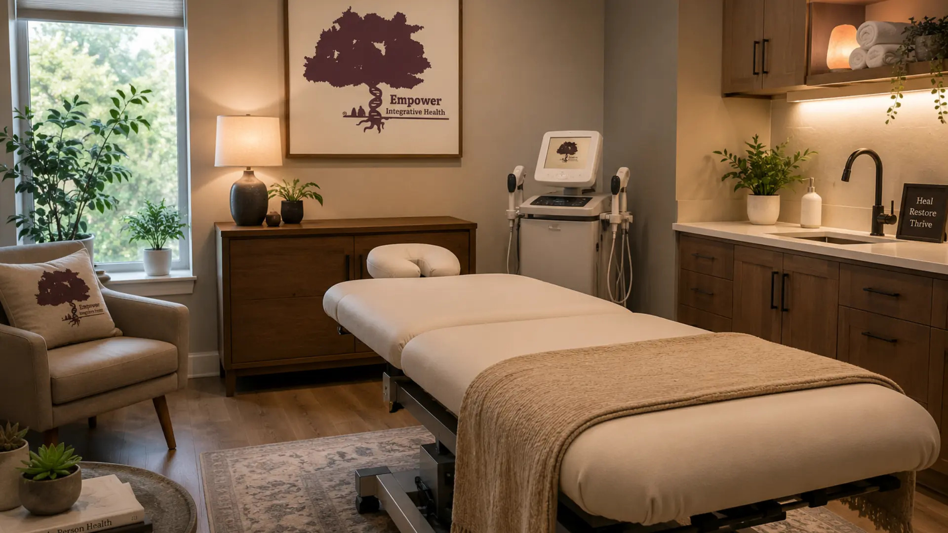 A cozy holistic medical clinic interior with an adjustable exam table, medical device, and calming earthy decor.