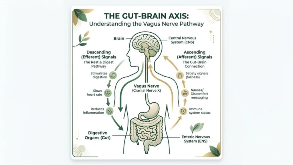 Gut-brain axis diagram showing vagus nerve connection between brain and gut
